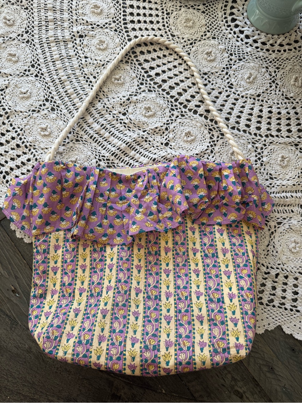 Floral Ruffle Tote Bag in Purple and Cream